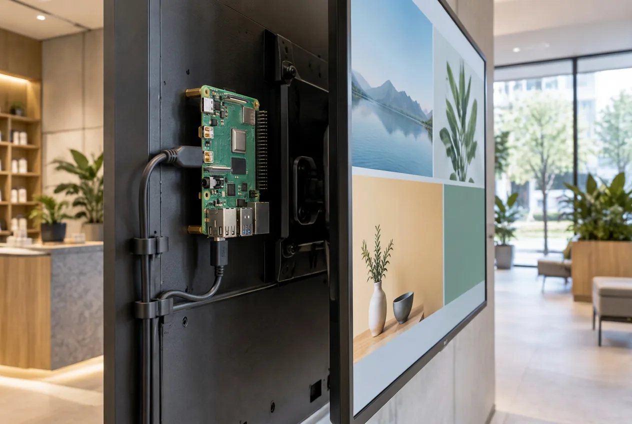 Compact Raspberry Pi digital signage player mounted behind a commercial display