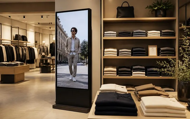 Clothing store interior with a tall portrait digital signage screen playing a fashion lookbook