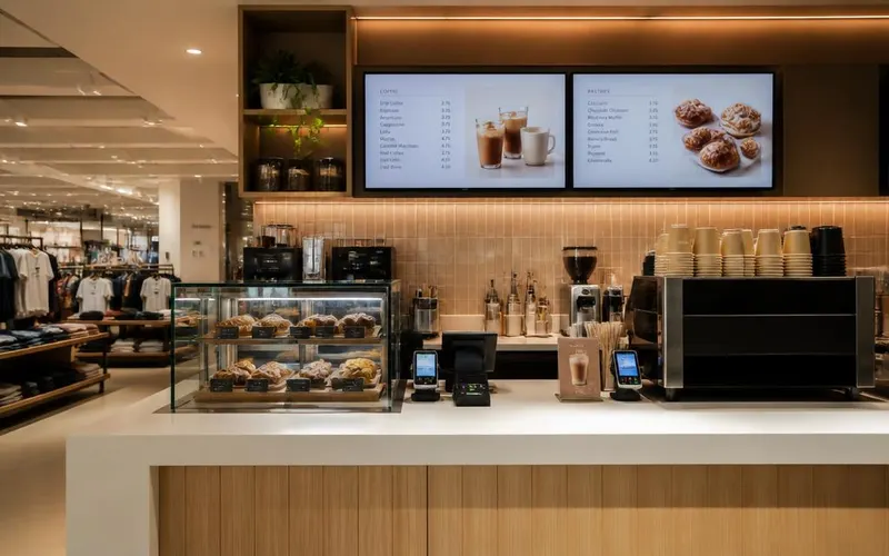 In-store cafe counter with two digital menu screens listing coffee drinks and pastry prices