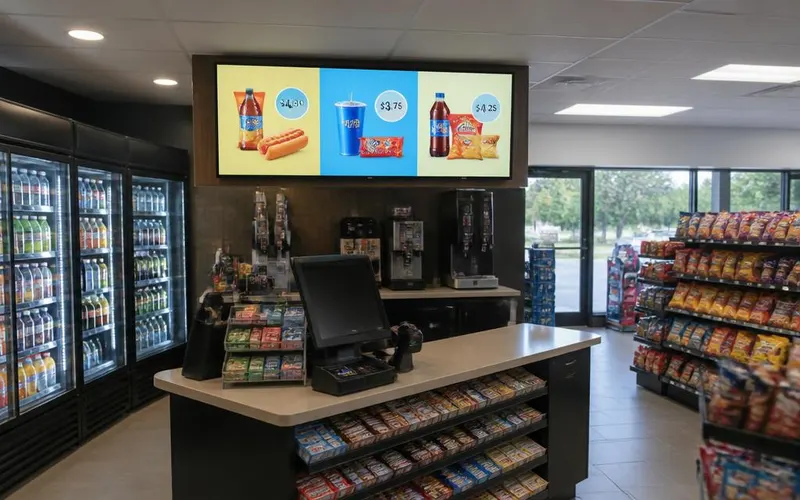 Convenience store checkout counter with a digital signage screen showing snack and drink combo offers