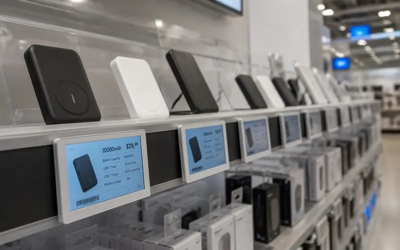 Electronics store shelf with small digital screens showing product specifications and prices