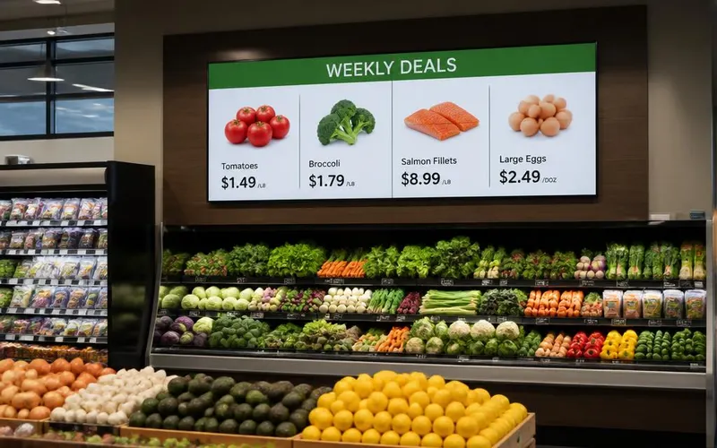Grocery store produce aisle with a digital signage screen showing weekly deals and prices