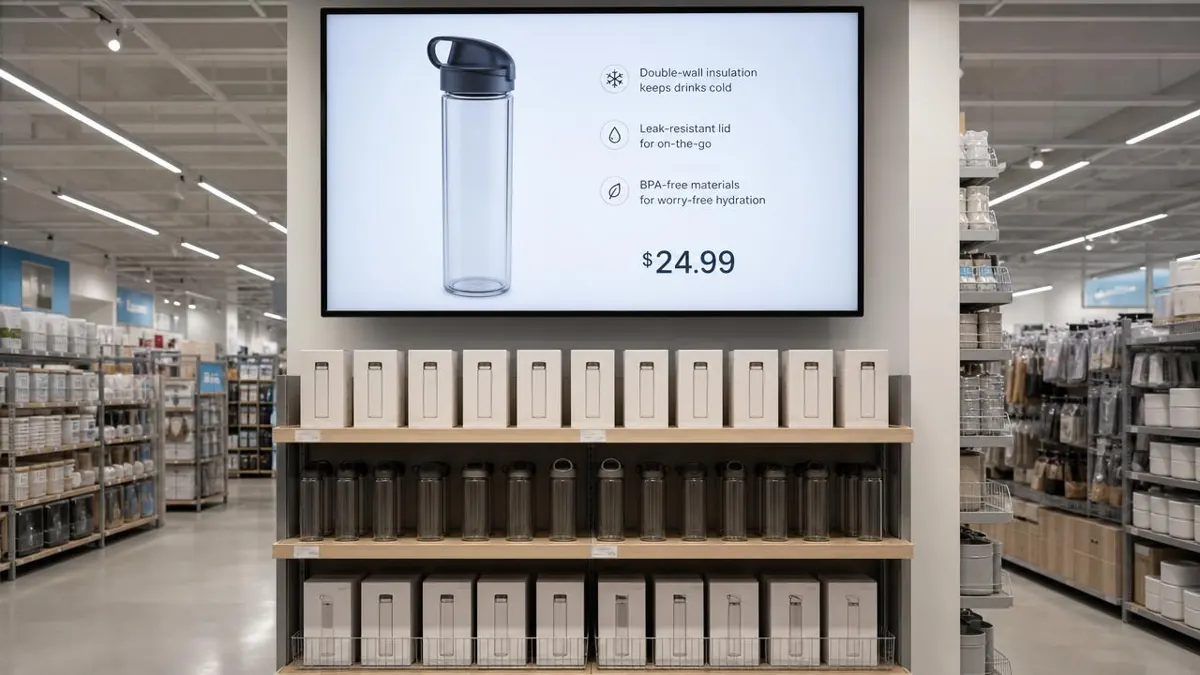 Retail endcap with a wall-mounted screen showing product features and price above the shelf