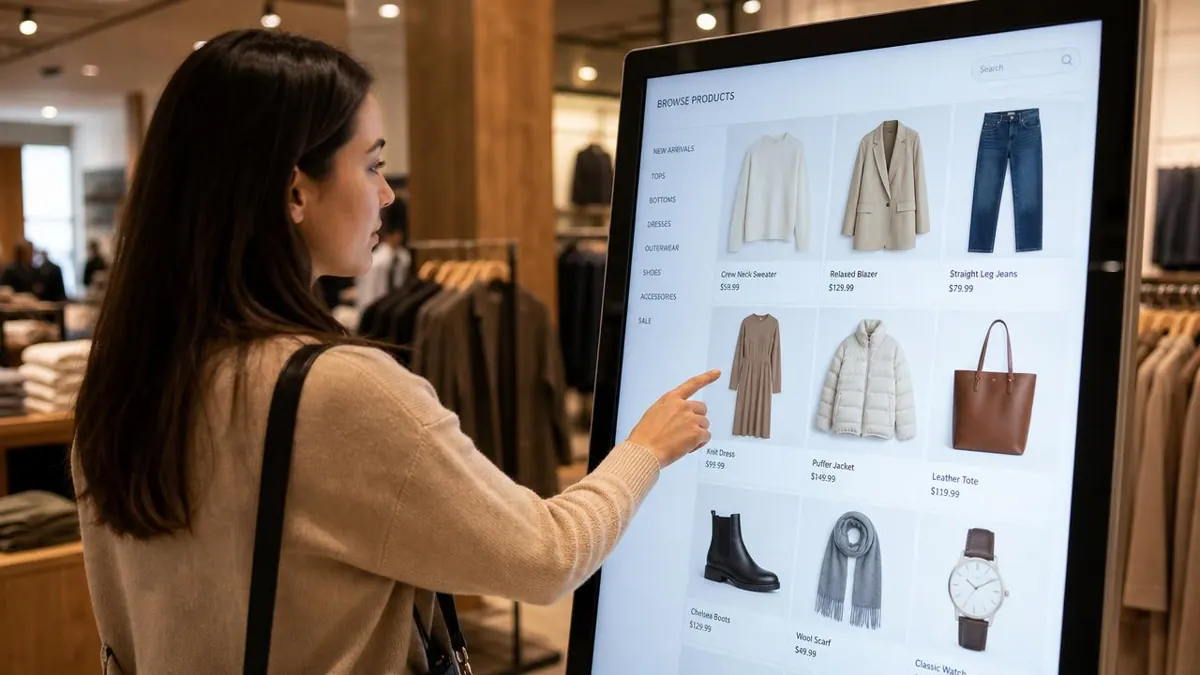 Shopper using an interactive touch screen kiosk in a clothing store to browse products