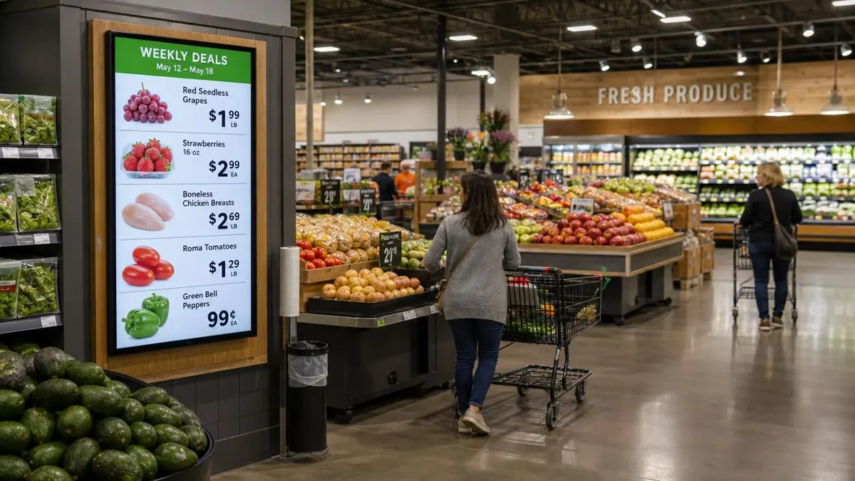 Digital signage screen in a grocery produce section showing a live weekly deals price list
