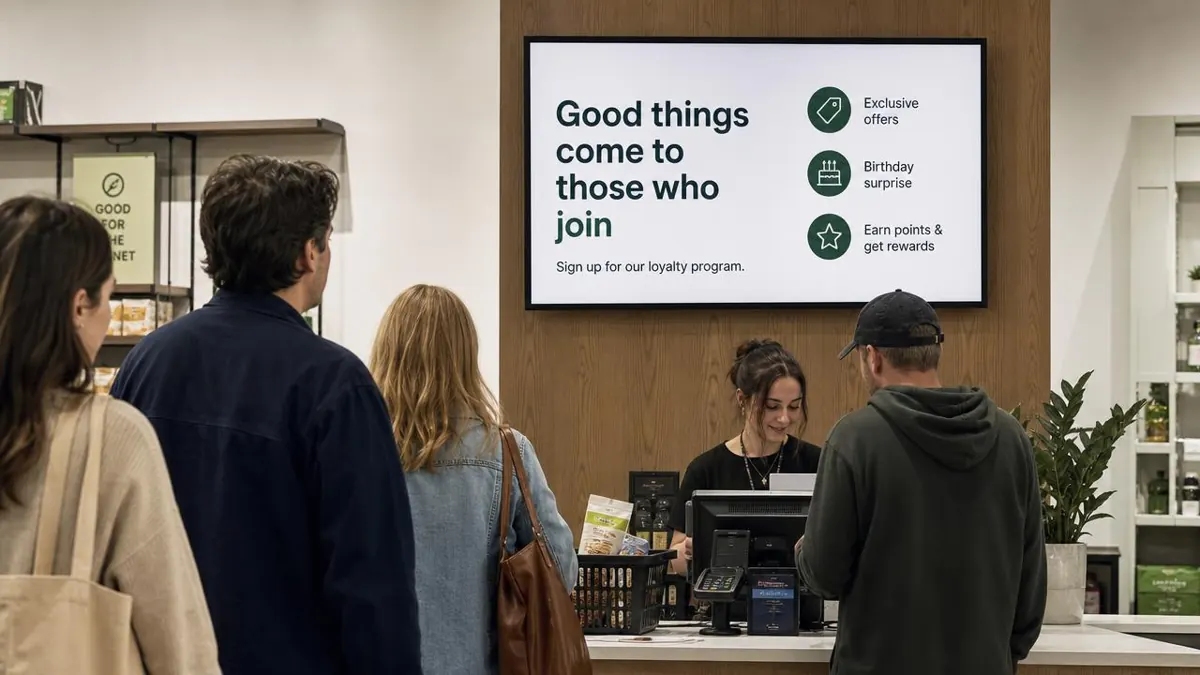 Screen above a retail checkout counter promoting a loyalty program to waiting customers