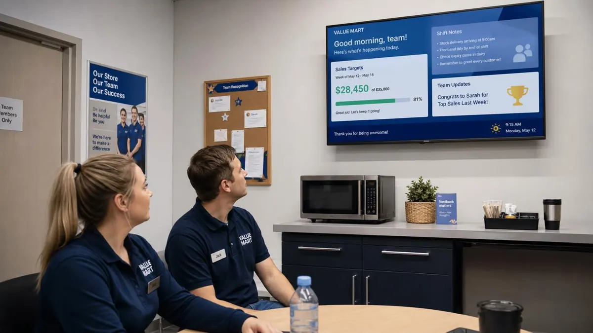 Retail staff break room screen showing sales targets, shift notes and team updates