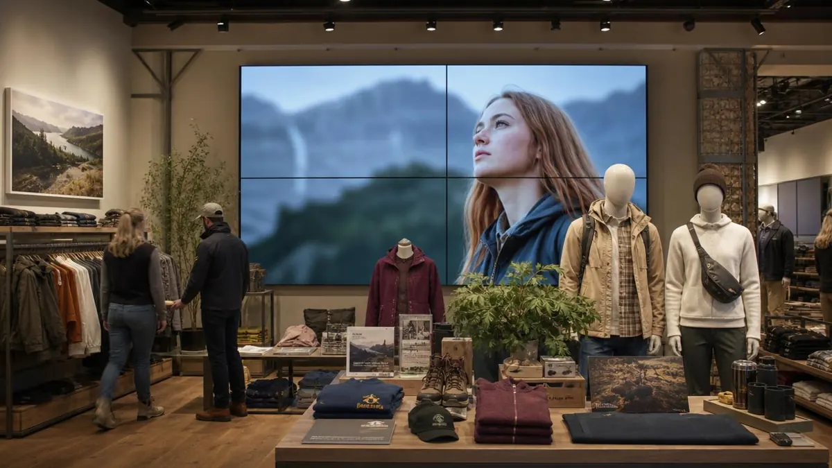 Two by two video wall in a retail store playing a brand campaign video behind product displays