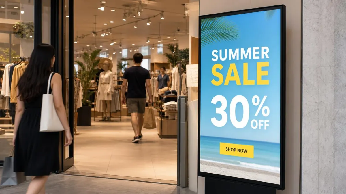 Portrait digital signage screen at a retail store entrance showing a summer sale promotion