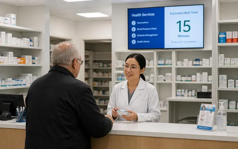 Pharmacy counter with a digital screen showing health services and estimated wait time