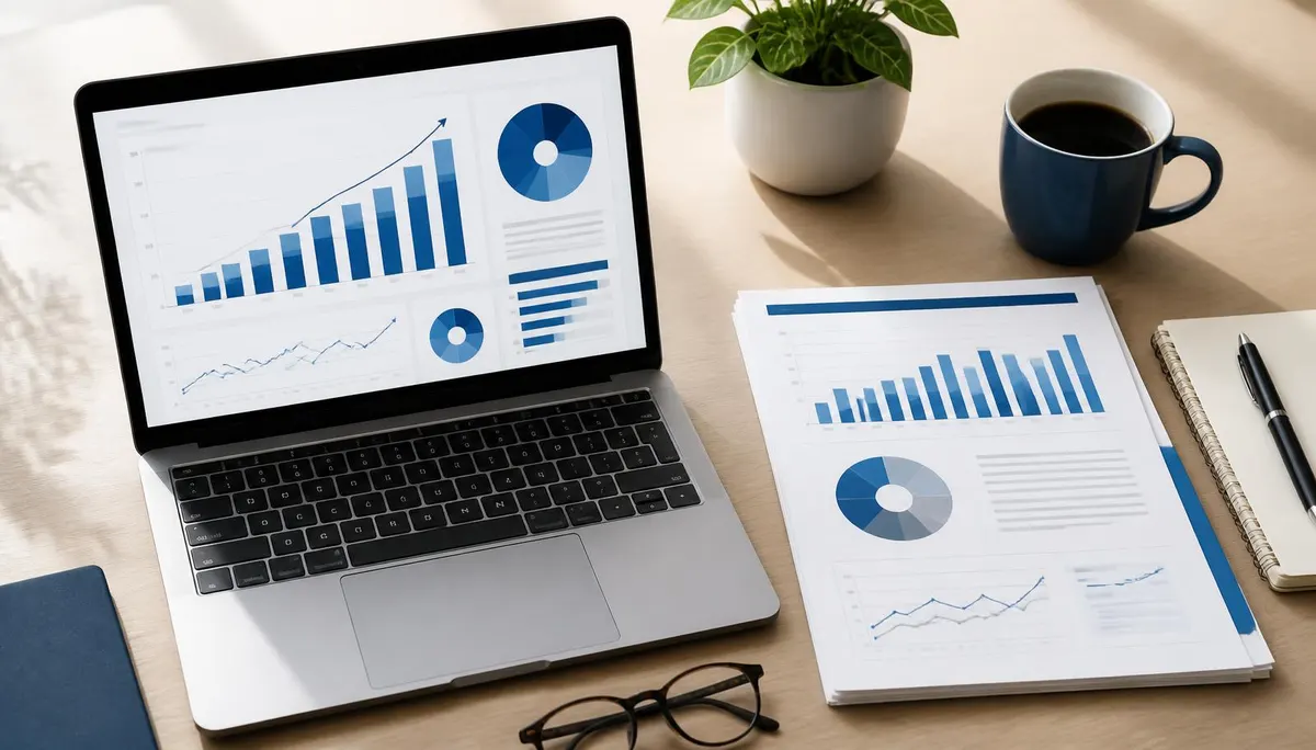 Laptop showing a market growth bar chart dashboard next to a printed research report with charts on a desk