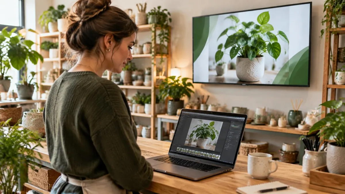 Illustrative plant shop owner preparing a product photograph on a laptop beside a wall-mounted promotional screen