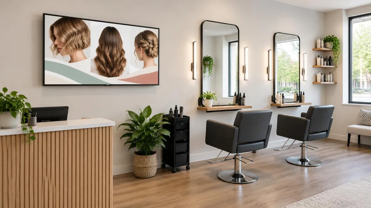 Illustrative small salon with one reception display showing hairstyle photographs beside two styling chairs