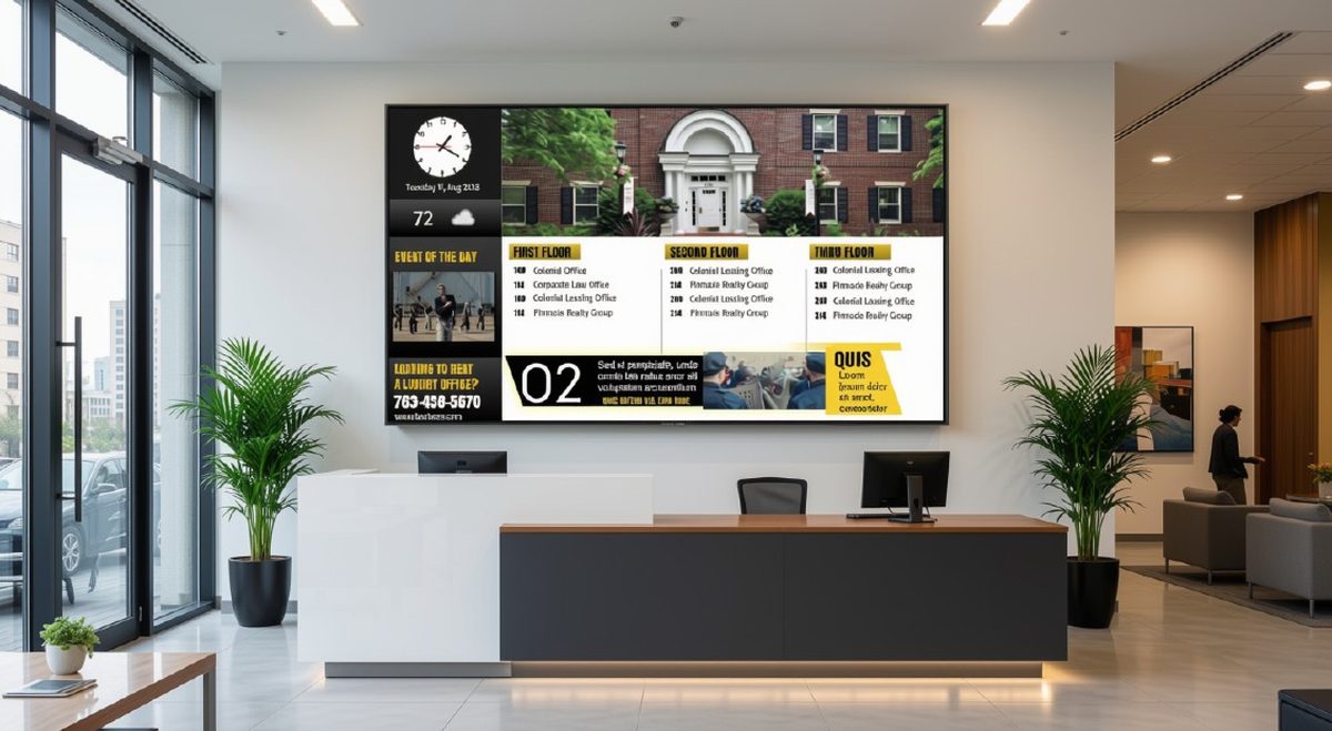 Wall-mounted digital signage screen in an office lobby showing a live building directory