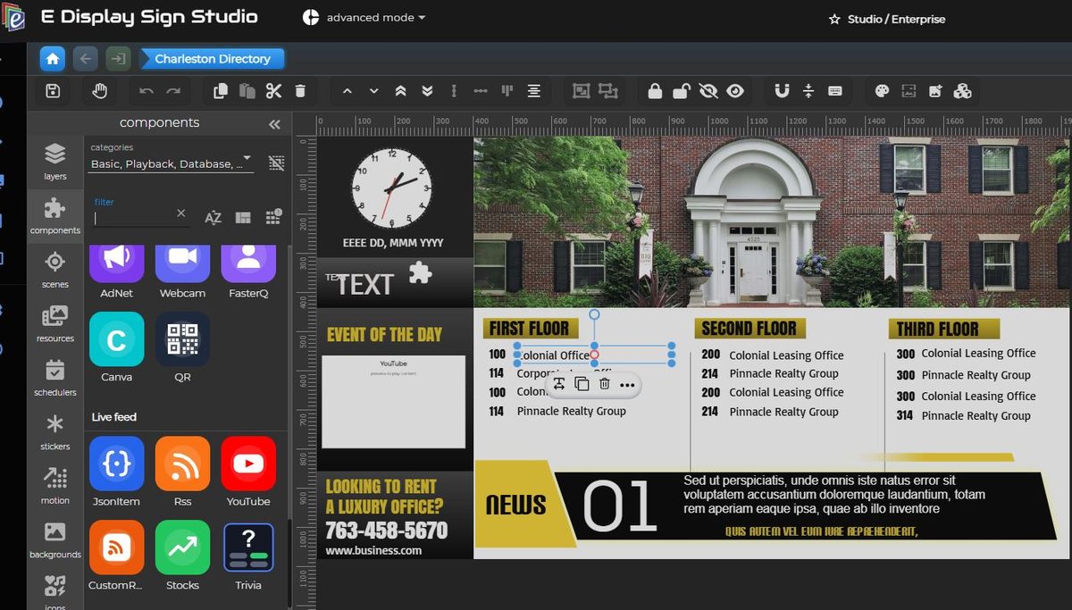 E Display Sign Studio content designer building a building directory layout with components