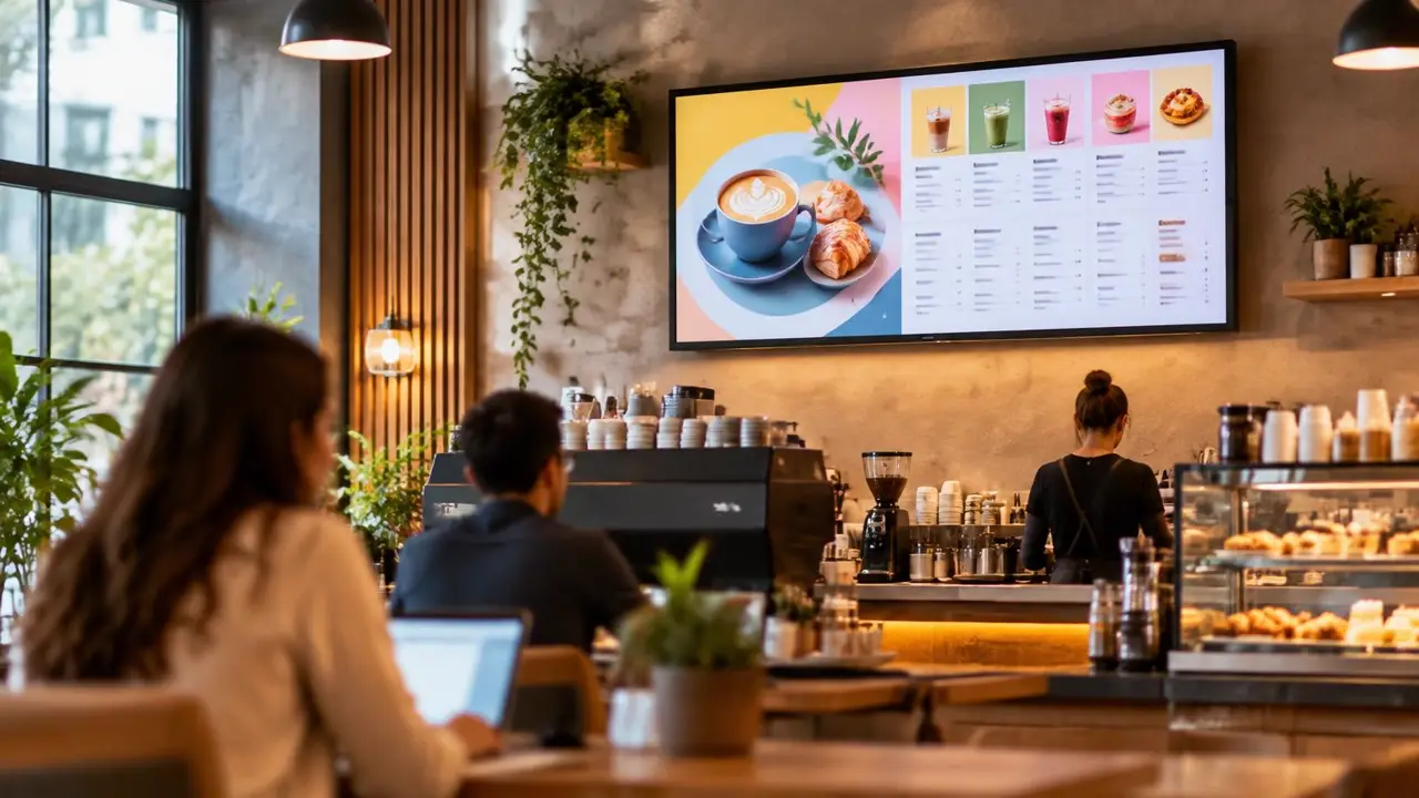 Digital signage menu board screen mounted above a cafe counter