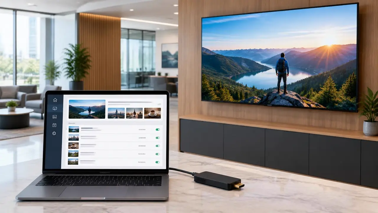 Laptop running digital signage software next to an HDMI media player and a lobby display